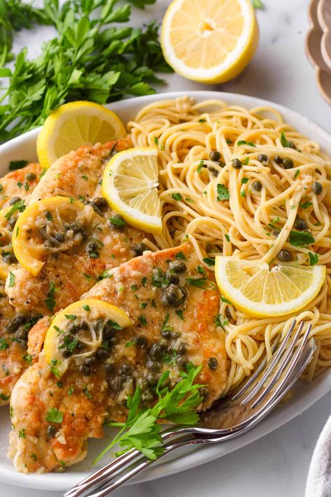 Chicken Piccata Pasta Pasta Recipes With Capers, Lemon Piccata Chicken, Piccata Pasta, Chicken Pasta Dinner, Chicken Piccata Pasta, Lemony Chicken, Bruschetta Chicken Pasta, Capers Recipe, Fish Pasta