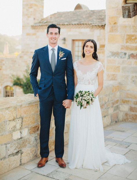 Heather & Cheyne - bride and groom, photography by Matthew Morgan.  The Bride designed her own dress. Dark Blue Suit Wedding, 2014 Wedding Trends, Tuscan Inspired Wedding, Dark Blue Wedding, Blue Suit Wedding, Boda Mexicana, Navy Suit, Gorgeous Wedding Dress, Groom Attire