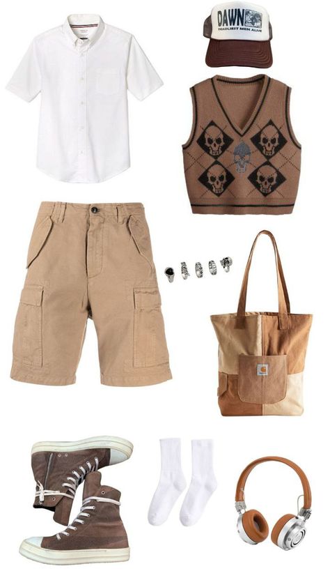 Brown Cargo Shorts Outfit, Cargo Shorts Men Outfits, Brown Shorts Outfit, Brown Vest Outfit, Khaki Shorts Outfit, Cargo Shorts Outfit, Polo Outfit Men, Brown Cargo Shorts, White Tee Men