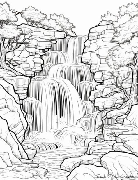 "Embark on a journey to a world of wonder with our \"Magical Waterfall\" coloring page. This printable design transports you to a breathtaking scene where a cascading waterfall tumbles down rocks into a sparkling pool, offering the perfect canvas for creating a vibrant and whimsical masterpiece. - Instant digital download: Start coloring right away.  - High-resolution: Sharp details and clear outlines.  - Printable on various paper sizes.  - Suitable for all skill levels.  Please note: This list Waterfall Background Drawing, Detailed Landscape Drawing, Waterfall Coloring Pages, Scenery Coloring Pages, Drawing Outlines, Adult Colouring Printables Free, Waterfall Sketch, Waterfall Drawing, Printable Paper Patterns