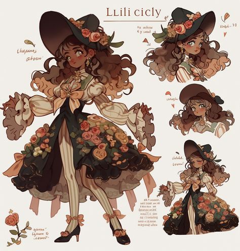 Fall Themed Character Design, Floral Dnd Character, Flower Witch Character Design, Garden Witch Character Design, Cottagecore Oc Art, Woodland Character Design, Boho Character Design, Floral Character Design, Cottagecore Concept Art