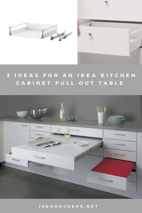 3 ideas for a kitchen cabinet pull out table. Want a pull out table in your cabinet? Here are 3 ways to add it to your IKEA kitchen. Diy Pull Out Table, Ikea Metod Kitchen, Ikea Finds, Ikea Decor, Ikea Kitchen Cabinets, Minimal Kitchen, Sewing Room Design, Kitchen Pulls, Kitchen Cabinet Pulls