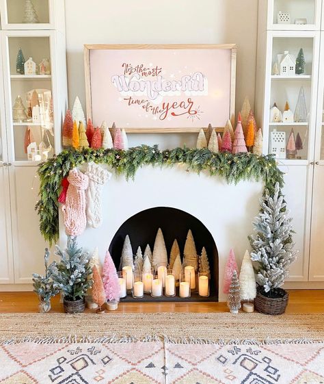 Girly Fireplace Decor, Old Fashion Christmas Float Ideas, Coral Christmas Decor, Anthro Christmas, Christmas Fireplace Mantels, Bottlebrush Trees, Christmas Mantel Decor, Mantel Decor Ideas, Boho Christmas Decor