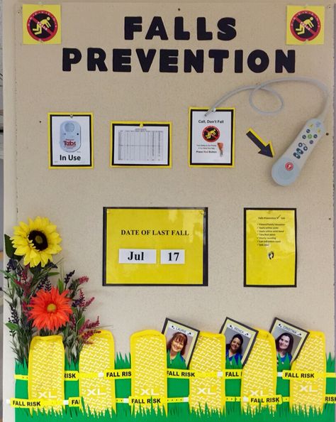 Falls Prevention Board for Nursing Nursing Breakroom Boards, Falls Prevention Nursing, Falls Prevention Bulletin Board, Quality Board Ideas Hospital, Patient Safety Bulletin Board Ideas, Nursing Quality Board Ideas, Nursing Break Room Ideas, Fall Risk Prevention Hospital, Fall Prevention Bulletin Board Nursing