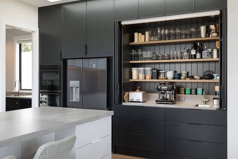 Bi Folding Doors Kitchen, Wardrobe Renovation, Breakfast Station, Coffee Station Kitchen, Black White Kitchen, Kitchens Design, Beach House Kitchens, Kitchen Refresh, Custom Kitchens