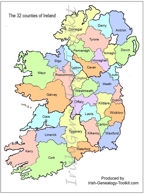 map of Counties in Ireland | This county map of Ireland shows all 32 counties on the island. It ... Genealogy Ireland, Counties Of Ireland, Map Of Ireland, Irish Surnames, Irish Genealogy, Ireland History, Irish Ancestry, Ancient Ireland, Ancestry Family Tree