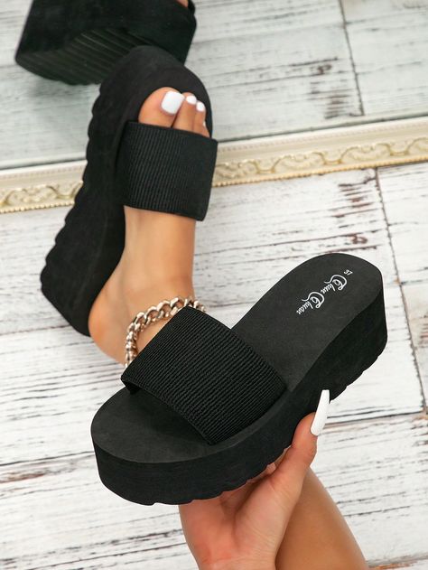 Black Cool Collar   Plain,Tropical Wedges Slide Sandals Embellished   Women Shoes High Heel Flip Flops, Striped Slippers, Crocs Fashion, Heeled Flip Flops, Shoes Outfit Fashion, Platform Flip Flops, Platform Wedge Heels, Wedge Flip Flops, Beach Flip Flops