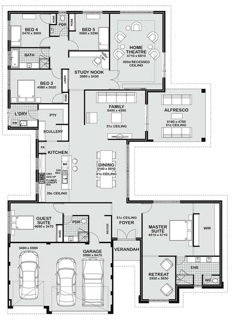 Gemmill Homes: The Barbados 5 Bedroom House Plans, Home Design Floor Plans, 5 Bedroom House, House Blueprints, Bedroom House Plans, New House Plans, Sims House, Building Plans, Growing Family