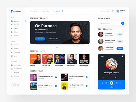 Lms Website Design, Light Website Design, Dashboard Design Inspiration, Podcast Website Design, Youtube Redesign, App Store Design, Intranet Portal, Ui Design Dashboard, App Interface Design