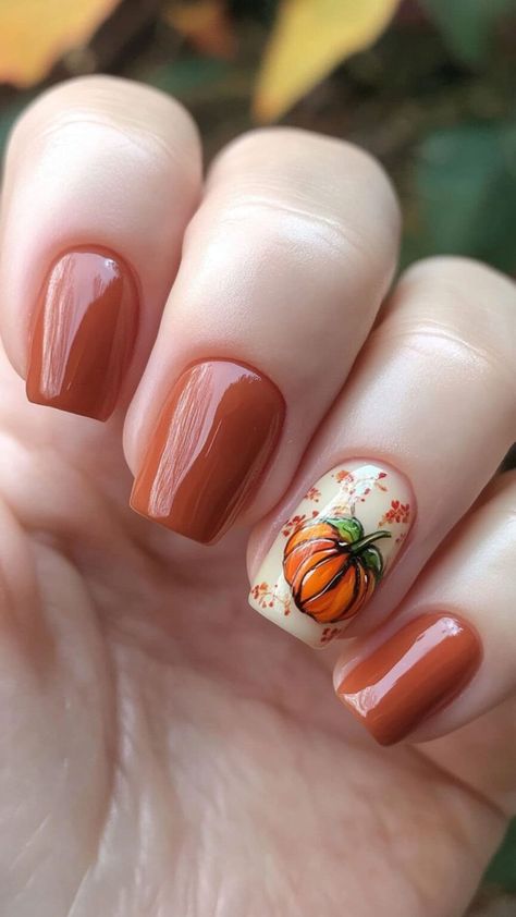 25 Short Fall Nail Designs: Easy, Durable & On-Trend | Lookosm Fall Nails With Pumpkin Design, Pumpkin Nail Designs Short, Fall Season Nails Pumpkin, Fall Nail Designs With Pumpkins, Fall Manicure Designs, Fall Harvest Nails, Fall Nail Designs Halloween, Gel Nail Designs For Fall Autumn, Fall Nails Pumpkin Design