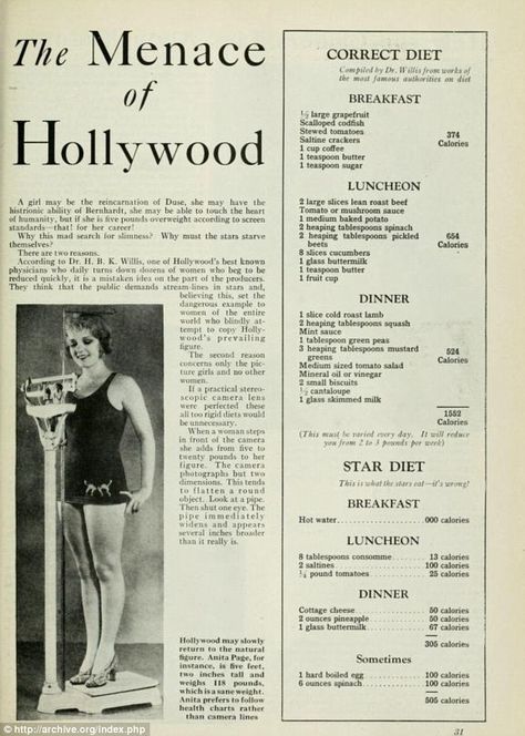 On Hollywood's unappetising menu is a breakfast of hot water (0 calories) and eight tablespoons of consomme 1950s Diet, Hollywood Diet, Celebrity Diet, Coffee Calories, Gm Diet, Celebrity Diets, Soup Diet, Diet Guide, Fast Metabolism