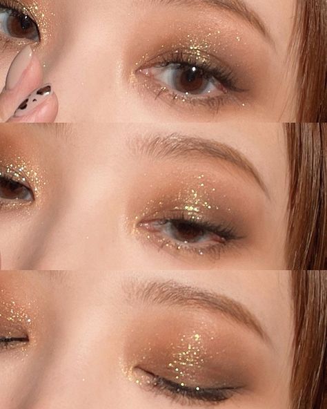 Gold Eye Makeup Asian Eyes, Brown Gold Makeup Natural, Gold Party Makeup Looks, Gold Inspired Makeup Looks, Gold Shimmery Eye Makeup, Gold Makeup Inspiration, Gold And Pearl Makeup, Gold Eyeshadow Brown Eyes, Golden Birthday Makeup