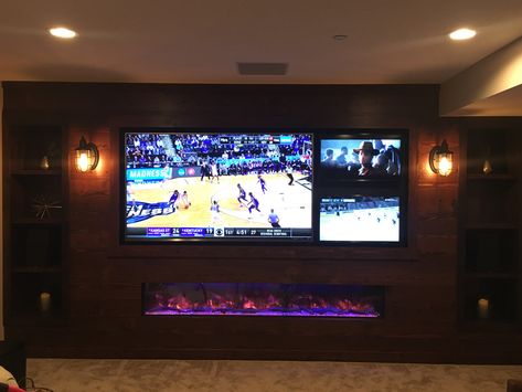 Multi TV setup in finished basement mancave Multiple Tv Wall Ideas Man Cave, Multiple Tv Wall, Man Cave Tv Wall, Tv Setup, Theater Room Design, Single Cat, Media Room Design, Man Cave Room, Home Cinema Room