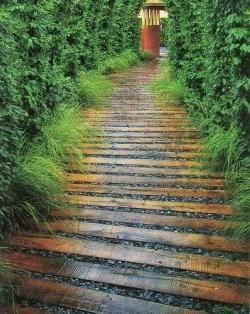 Garden Floors - here, cedar planks & river rocks were used as a garden pathway. Wooden Path, Path Ideas, Garden Floor, Have Inspiration, Garden Pathway, Outdoor Design, Garden Paths, Dream Garden, Walkway