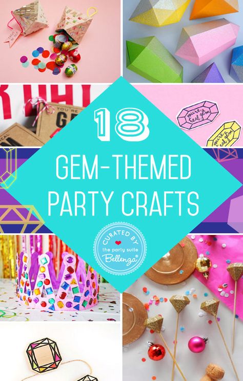 18 gem-inspired party crafts to make for your party decor, favors, and sweets! | featured on www.bellenza.com. Crystal Theme Birthday Party, Gems Party Theme, Opal Party Theme, Gem Party Favors, Gems Theme Birthday Party, Gems And Jewels Birthday Party, Gems Birthday Party, Gemstone Party Decorations, Gem Party Ideas