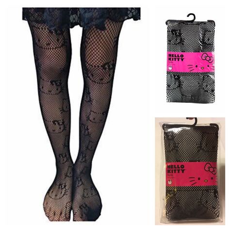 Hello Kitty Stocking, Hello Kitty Fishnets, Hello Kitty Tights, Sanriocore Outfits, Trash Outfit, Hello Kitty Clothes, Face Print, Stocking Tights, Fishnet Tights