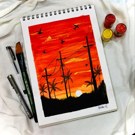 Sunset with poster colour♥️ Paintings Poster, Poster Colour, Warm Colors, Brown Color, Landscape Paintings, Paintings, Book Cover, Quick Saves, Art