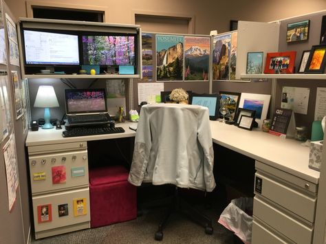 Used the overhead storage in my cube to create my own standing desk. Cubicle decoration inspiration Small Cubicle Organization, Cubicle Organization Ideas, Office Cubicle Organization, Work Cubicle Decor, Cozy Cubicle, Cubicle Organization, Cubicle Accessories, Cubicle Office, Office Cube