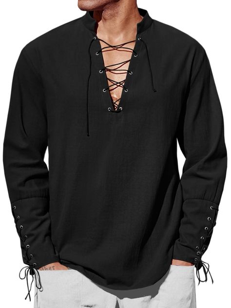 PRICES MAY VARY. 【Feature】: Mens Halloween medieval pirate cosplay shirt, long sleeves, v neck, cuff with drawstring, banded collar, lace up closure, loose fit, split hem, Medieval vintage style. 【Material】: 70% Cotton and 30% linen. Crafted from high-quality linen fabric, this shirt is soft, lightweight, and breathable. Keep you comfortable while participating in various activities. 【Match】：This shirt can match with cosplay pants, hats and belt, and great for wearing with all kinds of boots. 【O Pirate Cosplay, Pirate Shirts, Beach Yoga, Yoga Shirt, Linen Shirts, Men Beach, Moda Vintage, Spring Shirts, Costume Halloween