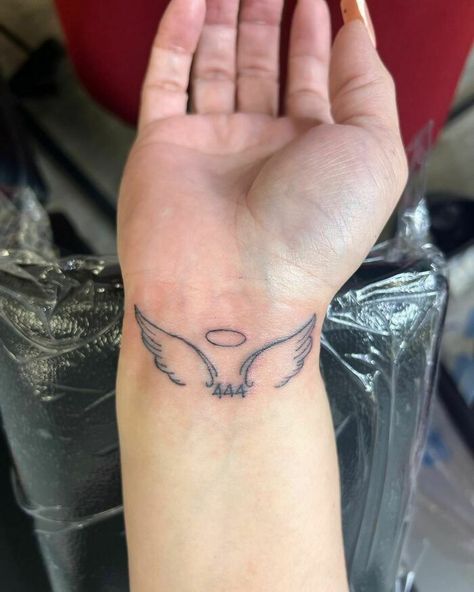 Wrist Wings Tattoo, Angel Wings 444 Tattoo, 444 With Angel Wings Tattoo, Angel Wings Tattoo With Date, 444 Angel Wings Tattoo, Matching Angel Tattoo, 444 Tattoo Placement Ideas, 444 Wrist Tattoo, Angle Wing Tattoos