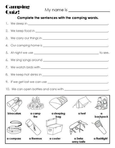 worksheets | Mccullar blog: english worksheets Summer Camp Worksheets, Camping Worksheets For Preschool Free, Camping Worksheets For Kids, Camping Worksheets, Travel Vocabulary Worksheet, Wilderness Skills, Camping Week, Camp Letters, Classroom Lesson Plans