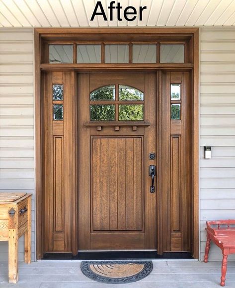 Nice Front Doors, Heavy Wooden Front Door, Farmhouse Doors Exterior Front Entrances, Recessed Front Door Entrance, Farmhouse Entry Door, Updated Front Door, Brown Wood Double Front Door, Shaker Exterior Door, Rustic Wood Double Front Doors