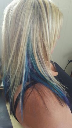 Chunky blonde highlights with blue, turquoise and purple through it ~ by Jenn's hair Studio Blonde Hair With Blue And Purple, Blonde Hair Blue Peekaboo, Blonde Hair With Turquoise Highlights, Blonde With Blue Peekaboo, Blonde And Turquoise Hair Highlights, Blonde Hair With Peekaboo Color Fun, Blonde Hair With Color Peekaboos Summer, Blonde With Blue Hair, Blue And Blonde Hair Peekaboo Highlights