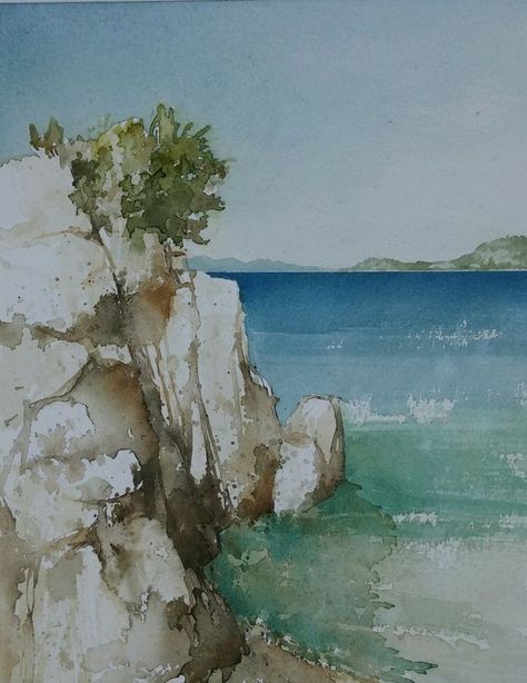 Watercolour Cliffs, Watercolor Art Landscape, Watercolour Landscape, Contemporary Watercolor, Watercolor Paintings For Beginners, Watercolor Pictures, Watercolour Inspiration, Watercolor Paintings Easy, Beach Watercolor