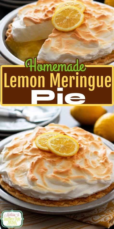 This sweet homemade Lemon Meringue Pie topped with billows of fluffy meringue will make the ultimate finish to any meal! #lemonmeringuepie #lemon #lemonpie #lemonpierecipes #desserts #dessertfoodrecipes #southernrecipes #southernlemonpie #lemonmeringuepierecipe via @melissasssk Pie Crust For Lemon Meringue, Lemon Angel Pie, Lemon Mirage Pie, Desserts With Meringue, Lemon Meringue Pie Recipe Easy, Lemon Angel Pie Recipe, Meringue For Pie, Angel Pie Recipe, Gluten Free Lemon Meringue Pie