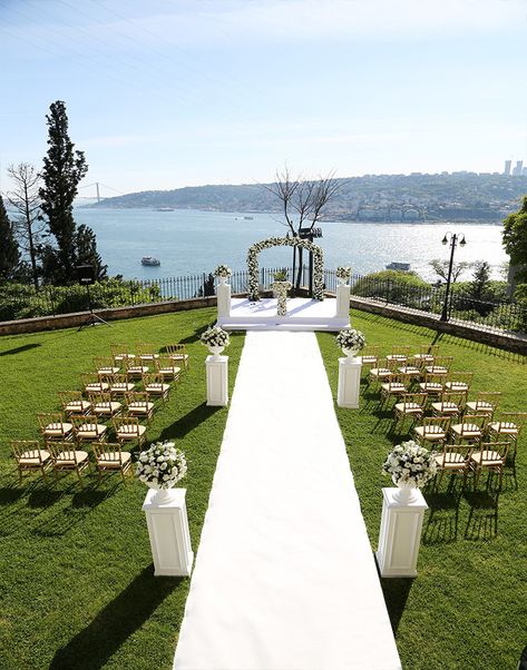 Home Page | Adile Sultan Sarayı Outside Wedding Ceremonies, Aisle Ideas, Small Wedding Decor, Unique Event Venues, Unique Destination Wedding, White Wedding Decorations, Dream Wedding Reception, Dream Beach Wedding, Wedding Planning Decor