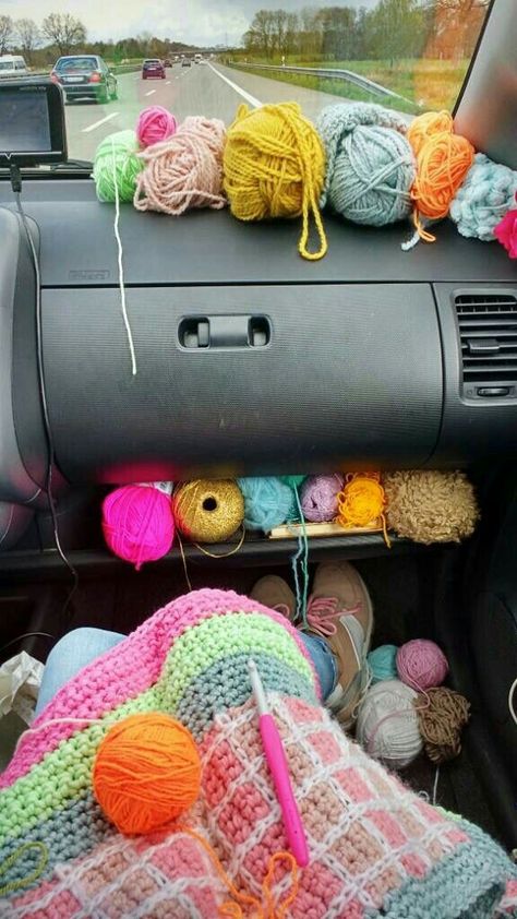 ⛄🎶❄🌧♡☕ *Yeah! The makings of a perfect road trip!* Everything Ive Crocheted, Crochet For The Car, People Crocheting, Crochet Camping, Crochet People, Crochet Vacation, Car Crochet, Yarn Quote, Crochet Quotes