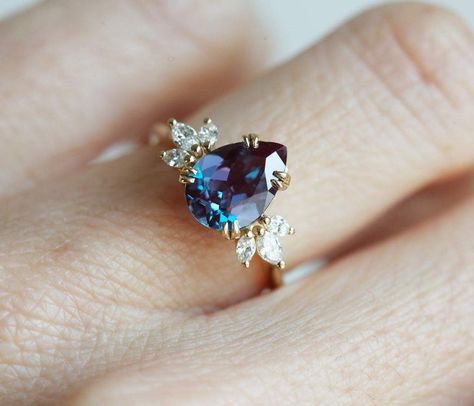 Alexandrite Engagement Ring, Pear Alexandrite Ring Chatham Alexandrite, Engament Rings, Cluster Diamond Ring, Diamond Ring Gold, Engagement Ring Pear, Ring Cluster, Pear Ring, Gold Promise Rings, Alexandrite Engagement Ring