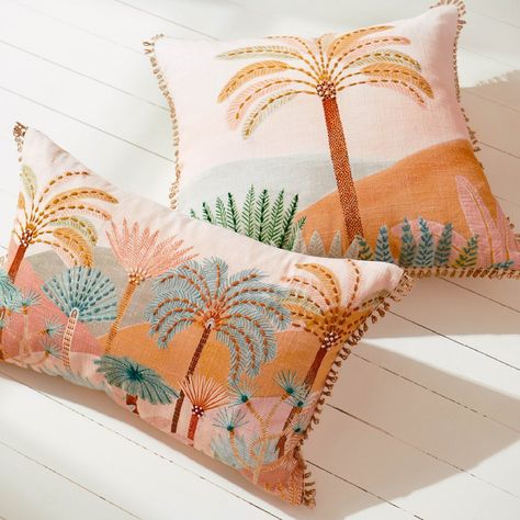 Adairs (@adairs) • Instagram photos and videos Palm Prints, Pastel Danish, Bedroom Wall Decor Ideas, Winter Karina, Tropical Pillows, Floral Textile, Wall Decor Ideas, Embroidery Flowers Pattern, Bedroom Wall Decor