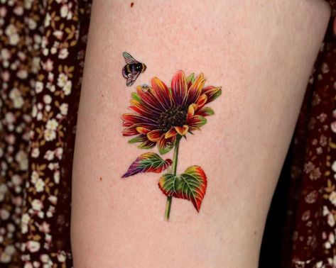 Maroon Sunflower Tattoo, Bee And Sunflower Tattoo, Red Sunflower Tattoo, Sunflower And Bee Tattoo, Brown Pixie Hair, Watercolor Sunflower Tattoo, Sunflower Tattoo Ideas, Artistic Tattoos, Lady Bug Tattoo