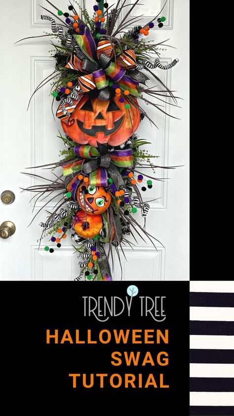 Halloween Swag Wreath, Halloween Wreath Tutorial, Halloween Swags For Front Door Diy, How To Make A Door Swag, Halloween Swag Diy, Halloween Swags, Halloween Swag, Halloween Garage, Porch Halloween