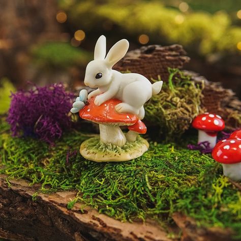 Bunny on Mushroom with Butterfly Miniature Fairy Garden | Etsy Clay Rabbit, Miniature Rabbits, Mushroom Garden, Fairy Garden Supplies, Miniature Fairy Garden, Rabbit Figurine, Miniature Gardens, Butterfly Fairy, Fairy Garden Accessories