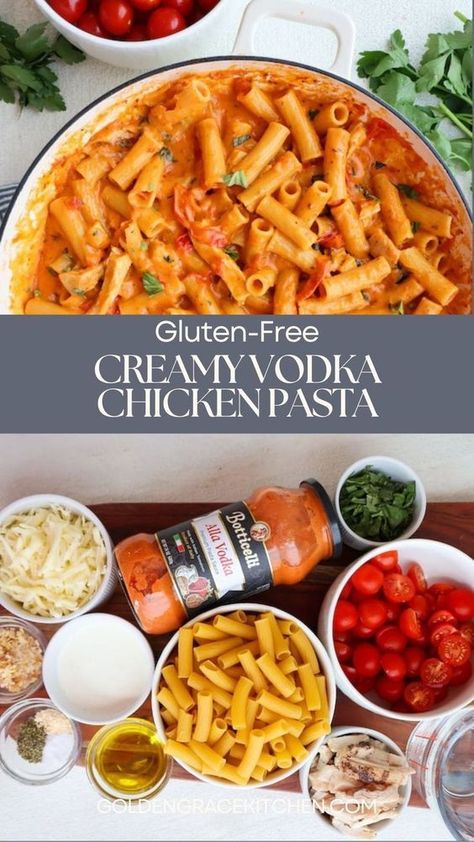 This One Pan Creamy Chicken Vodka Pasta with fresh basil and mozzarella will become your family's new go-to meal. This easy recipe is a true one-pan meal that comes together in under 30 minutes. Everything gets cooked in one pan together with the pasta. This chicken vodka pasta is gluten-free and loved by everyone, even toddlers. The easy pasta recipe is super simple and makes enough for a large family or leftovers. Chicken Vodka Pasta, One Pan Creamy Chicken, Vodka Sauce Pasta, Cheesy Chicken Pasta, Easy Pasta Recipe, Family Breakfast Recipes, Vodka Pasta, Creamy Chicken Pasta, Gluten Free Pasta