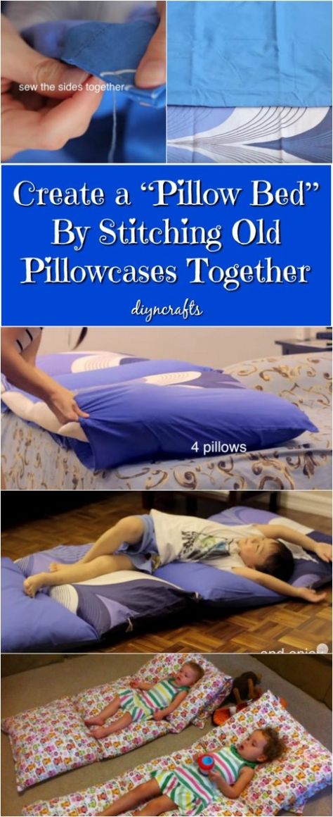 Create a “Pillow Bed” By Stitching Old Pillowcases Together {Video} Kids Pillows Bed, Kids Floor Cushions, Kids Sleepover, Pillow Lounger, Pillow Mat, Make A Pillow, Pillow Case Bed, Kids Flooring, Old Pillows