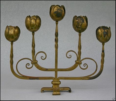 Arts & Crafts Candelabra. Handwrought Brass. America(?). Circa 1900. 11" x 13". Rivendell Decor, Candle Abras, 1900s Decor, House Tyrell, Arts And Crafts Period, Cave Painting, Interiors Photography, Magic Woman, Black Magic Woman