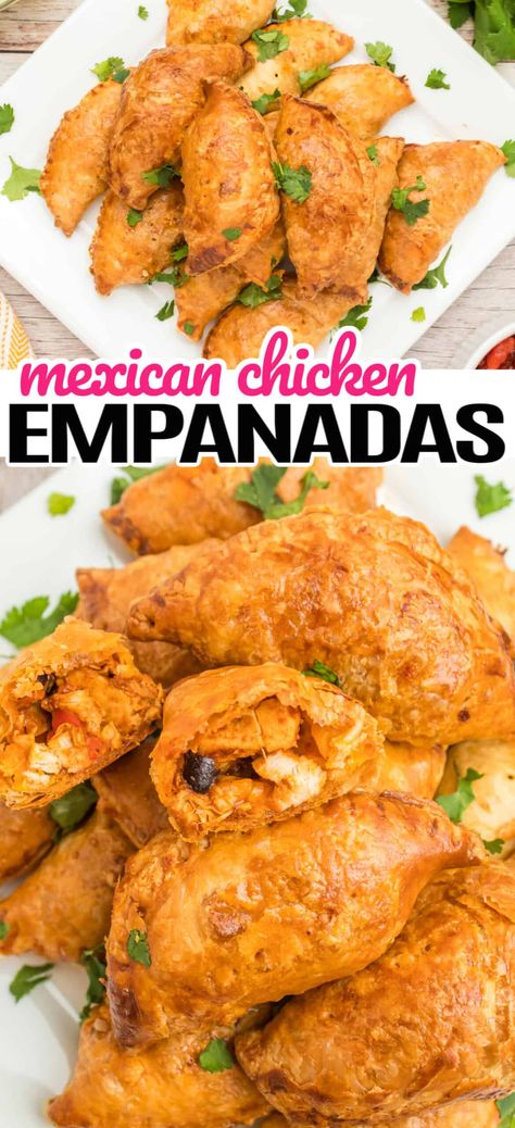 Mexican Chicken Empanadas are an irresistible appetizer, dinner, or snack that can be made ahead of time and frozen for later! #Realhousemoms #mexican #chickenempanadas #appetizer #snacks #chicken #puffpastry #chicken #cincodemayo Shredded Chicken Empanadas Recipe, Mexican Chicken Empanadas Recipe, Authentic Chicken Empanadas Recipe, Mini Empanadas Appetizers, Chicken Crispanada, Empanada Filling Recipes Chicken, Empanadas Recipe Chicken, Mexican Chicken Empanadas, Chicken And Cheese Empanadas