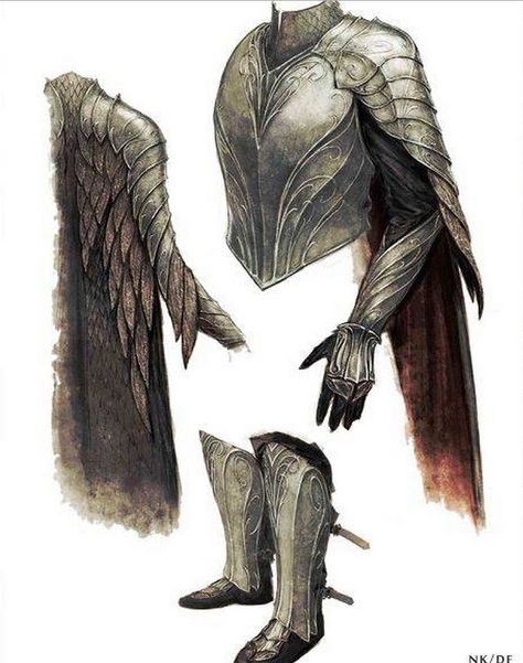 Concept art for Thranduil's pauldrons and gauntlets from "The Hobbit: Battle of the Five Armies" (2014). As is typical of the elven aesthetic established for the trilogy, the armor reflects sinuous leaf-like lines. Lotr Armor Concept Art, Lotr Elven Armor, Armor With Wings, Elven Armor Concept Art, Thranduil Armor, Gauntlets Concept Art, Armor Angel, Winged Armor, Fantasy Armor Art