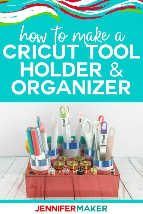 Learn how to make your own Cricut tool holder from either chipboard (on the Maker) or layers of Kraft board (on the Explore) to hold all of your blades, housings, scrapers, and long tools! Free SVG cut file and tutorial is available to help you with this project.    #cricut #cricutmade #cricutmaker #cricutexplore #svg #svgfile Tool Organizer Diy, Chipboard Projects, Cricut Business, Jennifer Maker, Cricut Help, Tool Bench, Cricut Explore Projects, Cricut Images, Maker Project