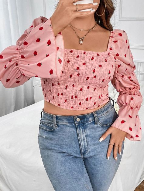 SHEIN VCAY Plus Strawberry Print Square Neck Flounce Sleeve Shirred Crop Blouse | SHEIN USA Crop Blouse Outfit, Strawberry Pattern, Strawberry Print, Pink Boho, Flounce Sleeve, Blouse Outfit, Crop Blouse, Coral Pink, Top Pattern