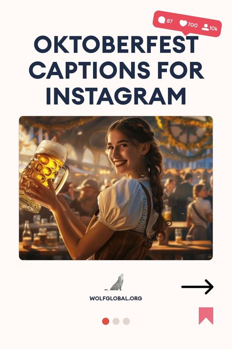 Smiling woman holding beer stein at Oktoberfest, with Instagram engagement icons and text overlay.
A graphic with playful Oktoberfest-themed sayings and a 'Get 100+ more' button.
Promotional image featuring a happy woman using a laptop with social media icons. Oktoberfest Captions Instagram, Munich Oktoberfest, German Phrases, Witty One Liners, Oktoberfest Outfit, Cool Captions, Instagram Engagement, German Words, Love Phrases