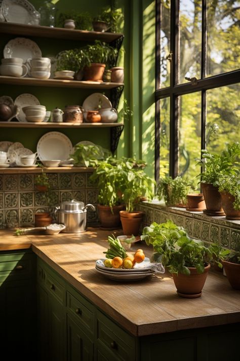 Eclectic Cottagecore Decor, Bohemian Green Kitchen, Boho Cabinet Colors, Eclectic Kitchen Green, Botanical Living Room Ideas, Boho Cottagecore Decor, Plant Themed Kitchen, Kitchen Design Eclectic, Bright Open Kitchen