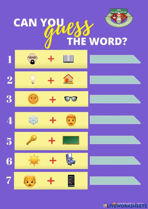 Guess The Word By Emoji, Word Guessing Games, Emoji Guessing Game, Guess The Word Game, Emoji Words, Guess The Color, Guess The Emoji, Compound Words Worksheets, Speaking Activities English