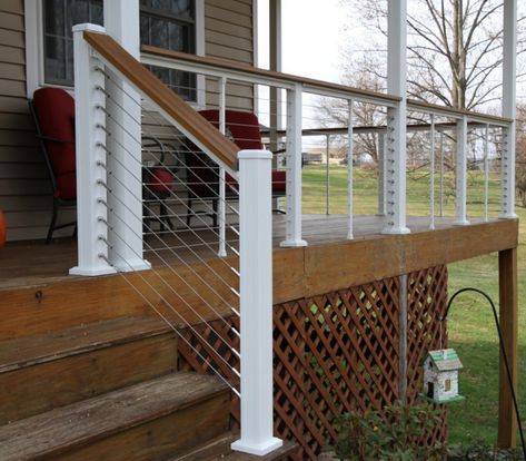 DIY Your Cable Railing | Keylink Cable Front Porch Railing, Front Porch With Cable Railing, Decks With Cable Railing, Cable Railing Diy, White Banister, Wire Deck Railing, Cable Railing Deck, Front Porch Railings, Deck Fence