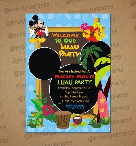 mickey luau invites | Mickey Mouse inspired Luau / Hawaiin Invites 008- Custom Printable ... Twin Birthday Themes, Happy Cake Day, Second Birthday Party, Mickey Birthday Party, Luau Birthday Party, Swim Party, Luau Theme, Luau Birthday, Minnie Party