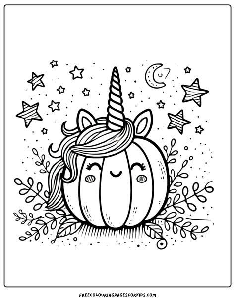 This delightful design showcases a charming pumpkin topped with a whimsical unicorn horn, surrounded by adorable star decorations. Class Fall Craft, Halloween Pictures To Color For Kids, Halloween Free Coloring Printables, Printing Coloring Pages Free Printable, Halloween Unicorn Coloring Pages, Colouring Pictures For Kids Free Printable, Free Halloween Coloring Pages Printables Easy, Free October Coloring Pages, Halloween Colouring Pages For Kids