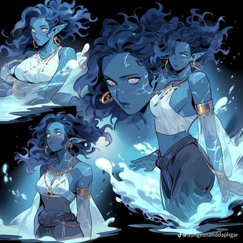 Coastal Druid Dnd, Water Hair Character, Blue Skinned Character Female, Water Genasi Female Sorcerer, Triton Dnd Aesthetic, Dnd Water Genasi Female Druid, Blue Skin Character Design, Water Genasi Female Druid, Sea Witch Character Design